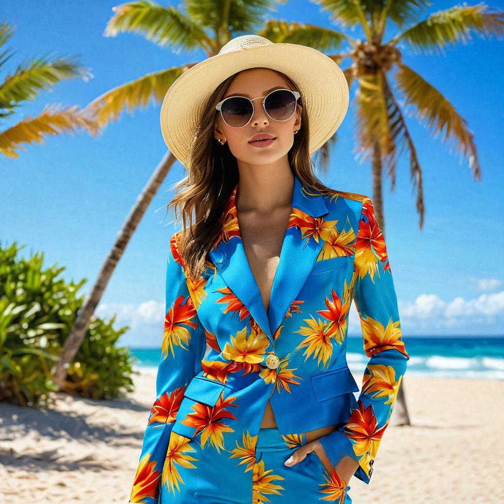 A sun-drenched beach scene featuring a stylish model wearing a vibrant two-piece suit, showcasing tropical patterns and bold colors. The background has swaying palm trees and golden sand, with a clear blue sky filled with fluffy white clouds. Soft sunlight creates a warm and inviting atmosphere, highlighting the fashion. Add playful beach accessories like sunglasses and a straw hat for extra flair. super-realistic. vibrant colors. 3D.